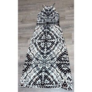 London Times Boho Maxi Dress 14 XL Tribal Cream Gray‎ Sleeveless Stretch Coastal